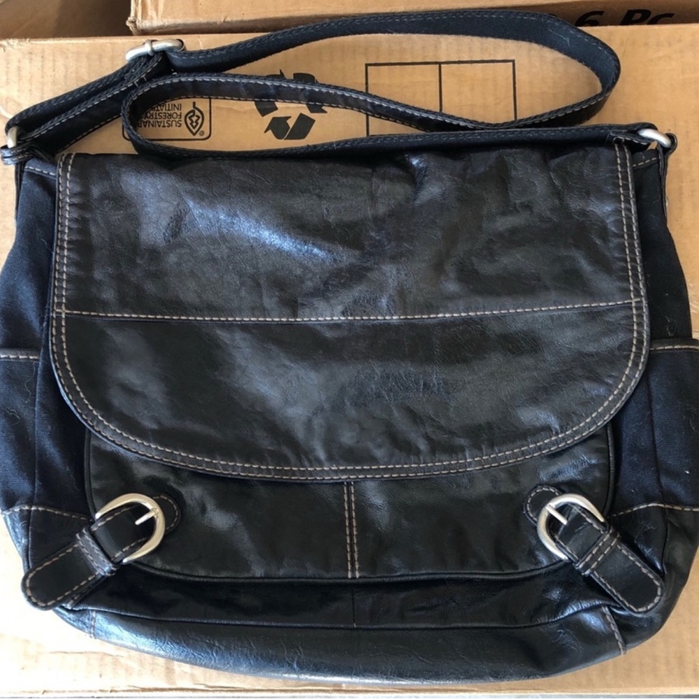 Vintage Fossil Black Leather Canvas Messenger Cross Body Bag